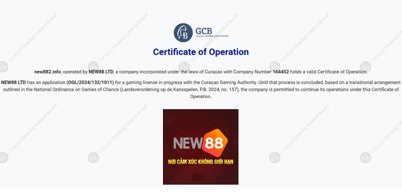 Chứng chỉ Curaçao Gaming cấp cho New88